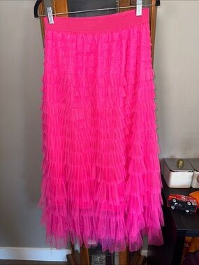 Ruffled Tulle Hot Pink Maxi Skirt - Women Medium to Large
